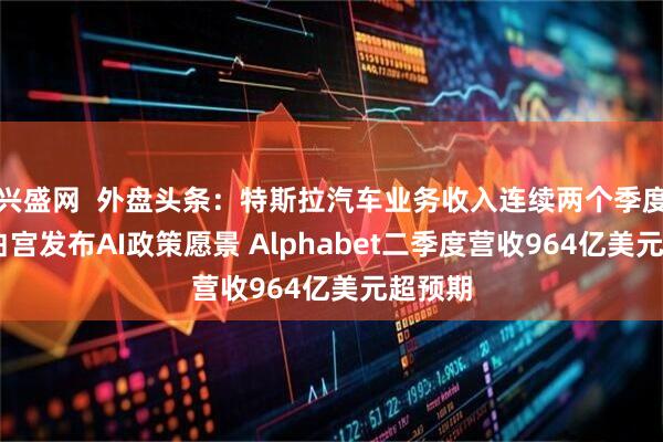 兴盛网 外盘头条:特斯拉汽车业务收入连续两个季度下滑 白宫发布AI政策愿景 Alphabet二季度营收964亿美元超预期